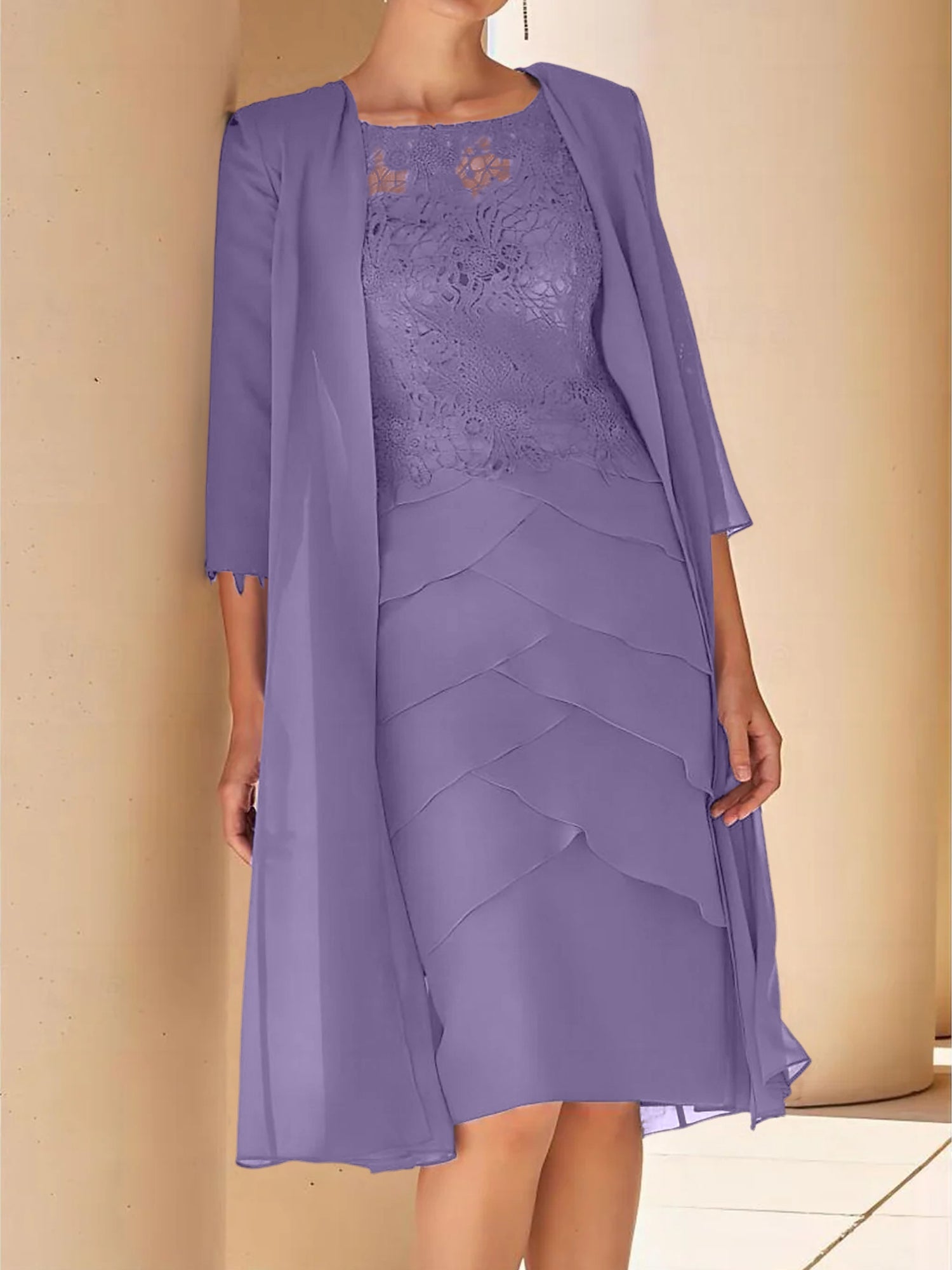 Sheath Column Jewel Neck Short Sleeves Knee Length Mother Of The Bride Dresses With Lace