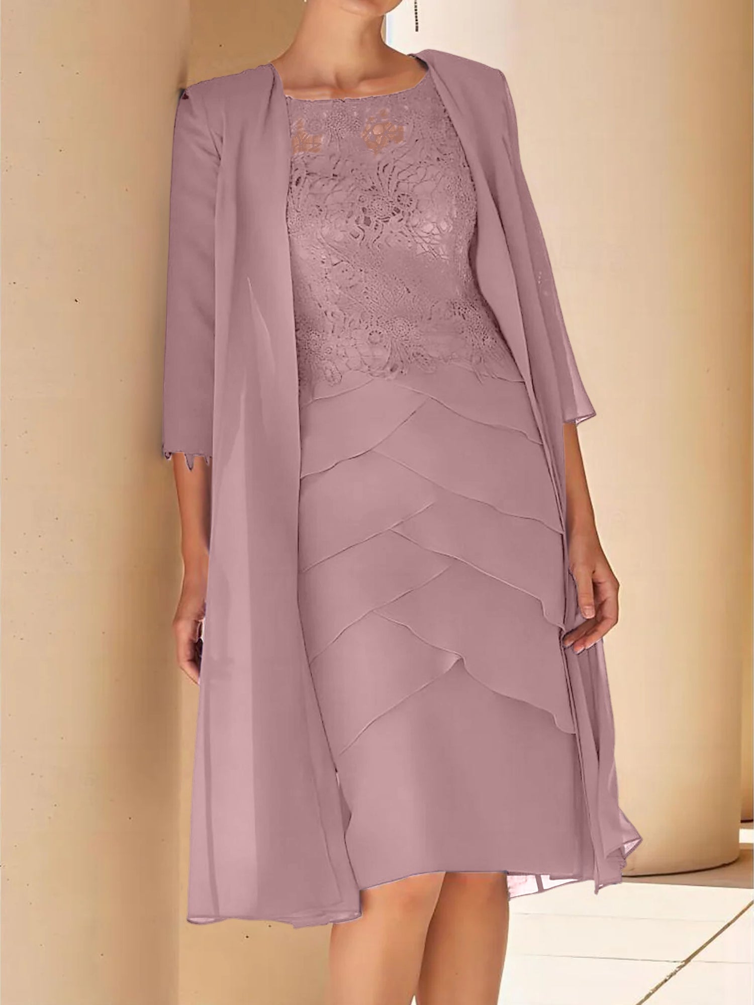 Sheath Column Jewel Neck Short Sleeves Knee Length Mother Of The Bride Dresses With Lace