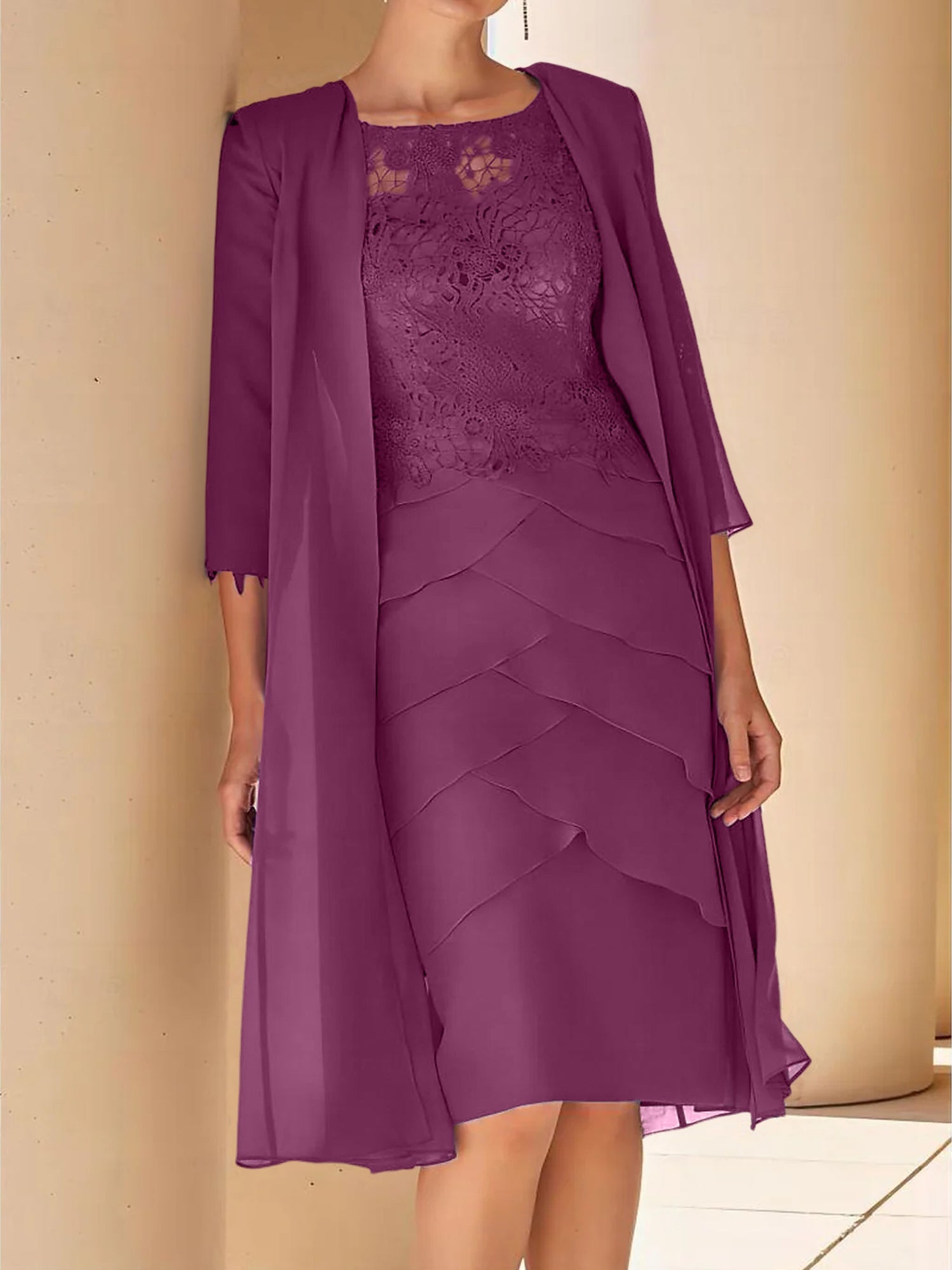 Sheath Column Jewel Neck Short Sleeves Knee Length Mother Of The Bride Dresses With Lace