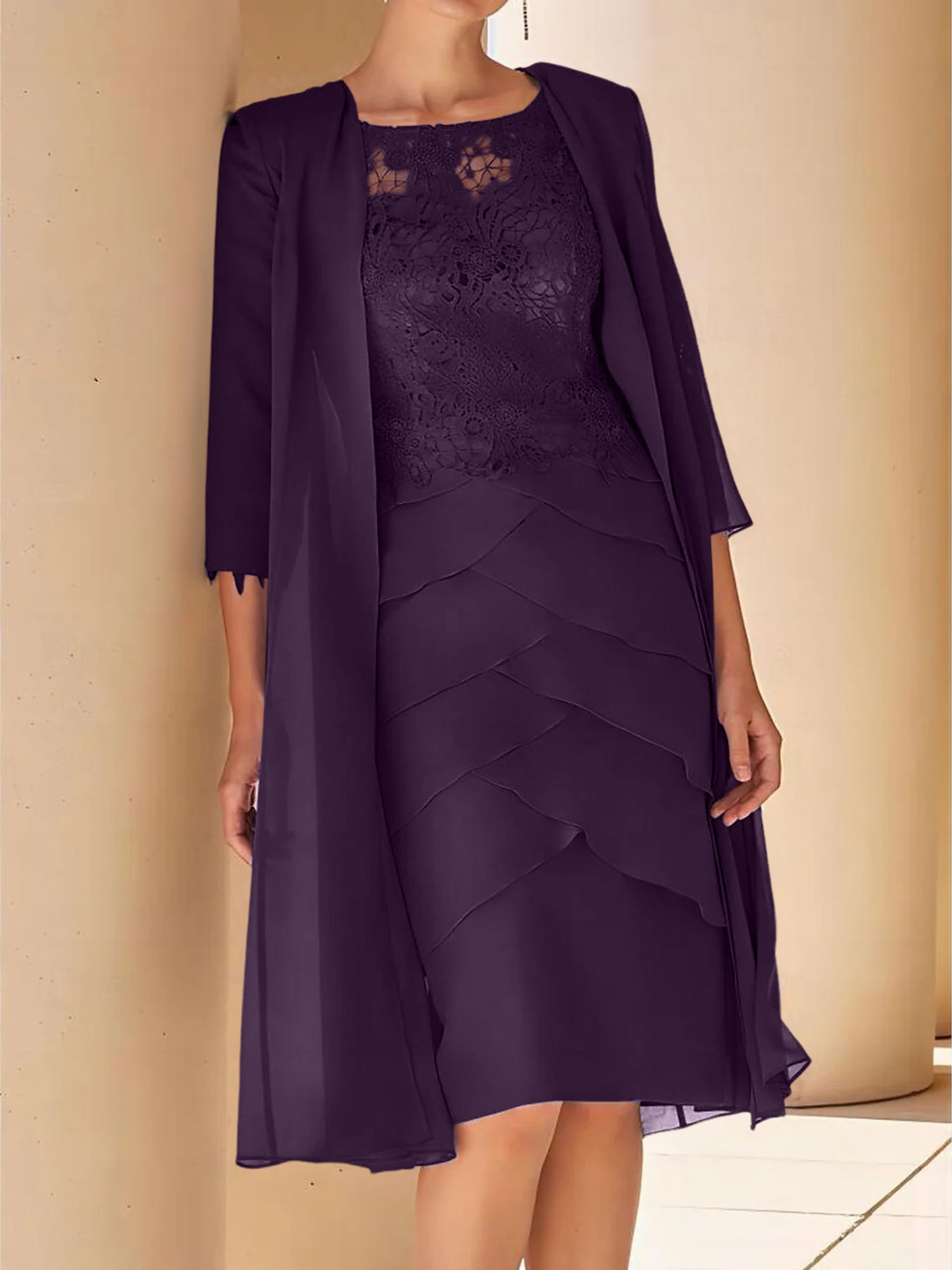 Sheath Column Jewel Neck Short Sleeves Knee Length Mother Of The Bride Dresses With Lace