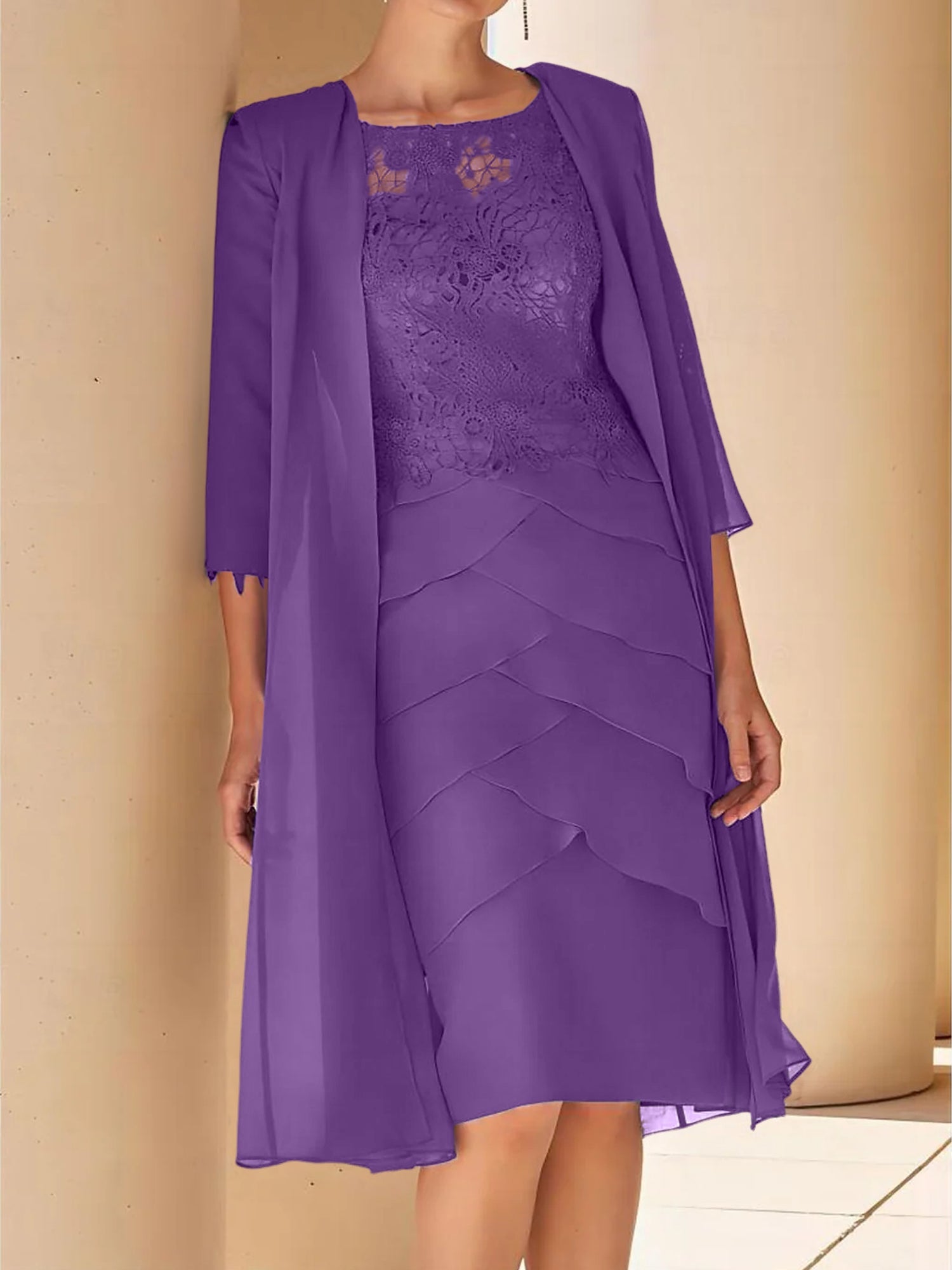 Sheath Column Jewel Neck Short Sleeves Knee Length Mother Of The Bride Dresses With Lace