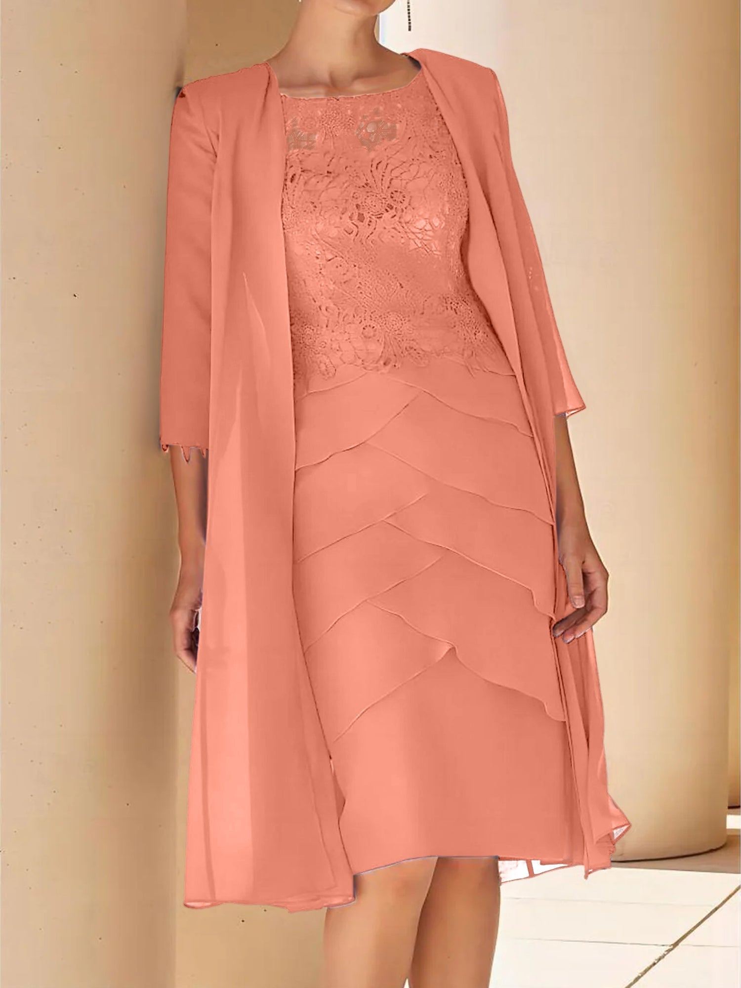 Sheath Column Jewel Neck Short Sleeves Knee Length Mother Of The Bride Dresses With Lace