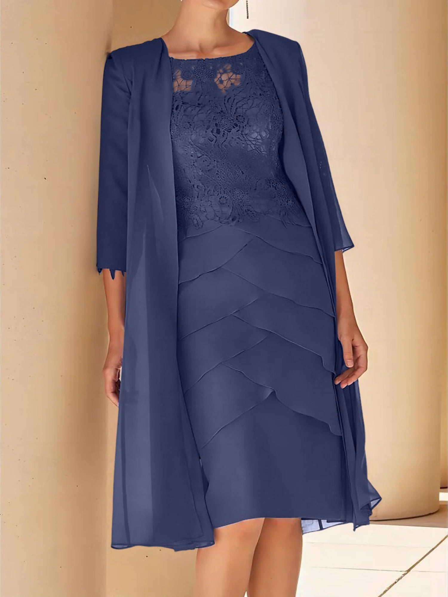 Sheath Column Jewel Neck Short Sleeves Knee Length Mother Of The Bride Dresses With Lace