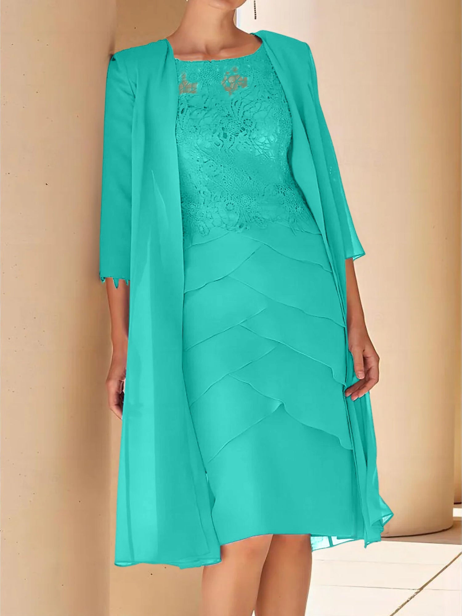 Sheath Column Jewel Neck Short Sleeves Knee Length Mother Of The Bride Dresses With Lace