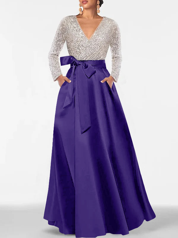 A Line Princess V Neck Long Sleeves Floor Length Mother Of The Bride Dresses With Pocket Sequins