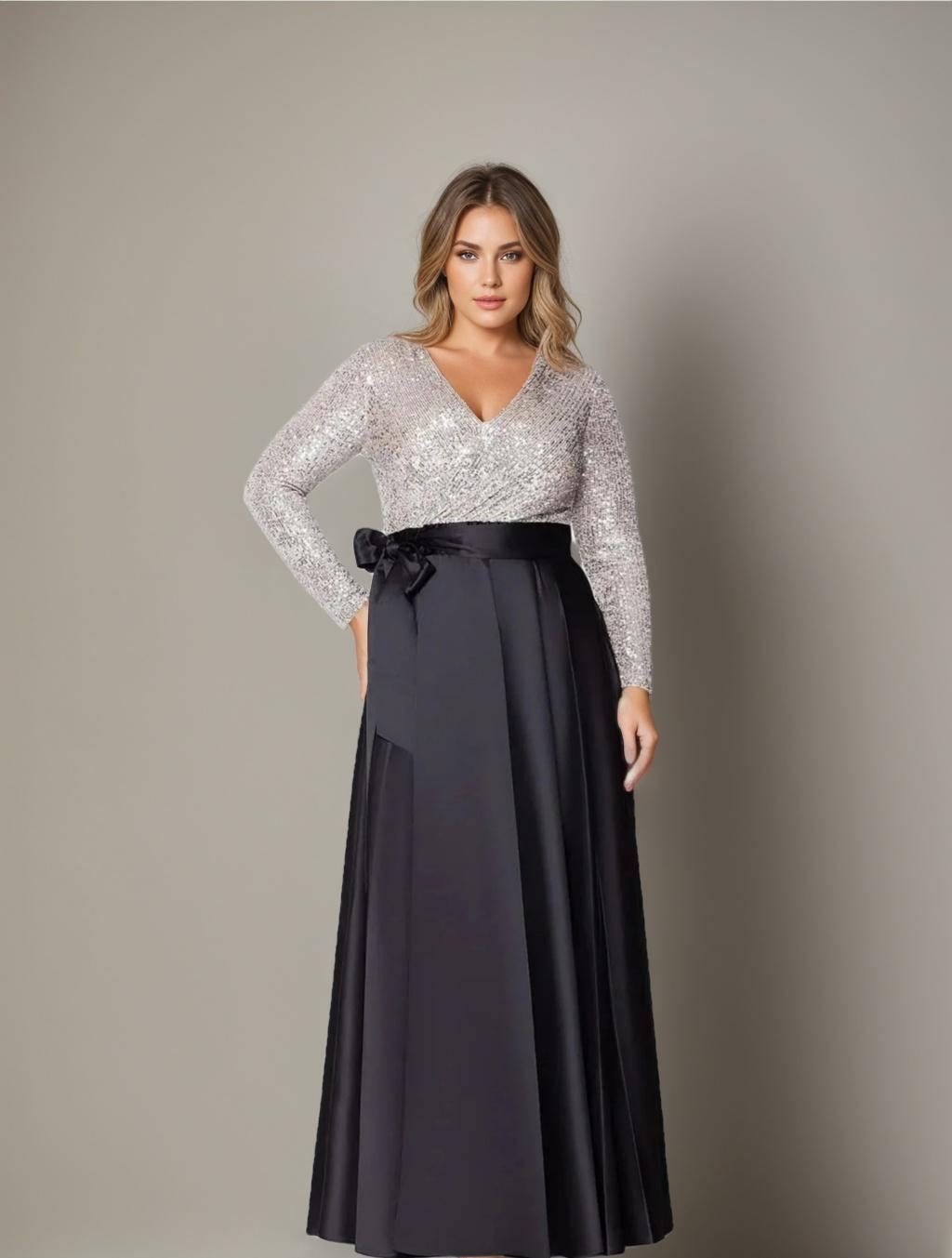 A Line Princess V Neck Long Sleeves Floor Length Plus Size Mother Of The Bride Dresses With Pocket Sequins