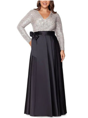 A Line Princess V Neck Long Sleeves Floor Length Plus Size Mother Of The Bride Dresses With Pocket Sequins