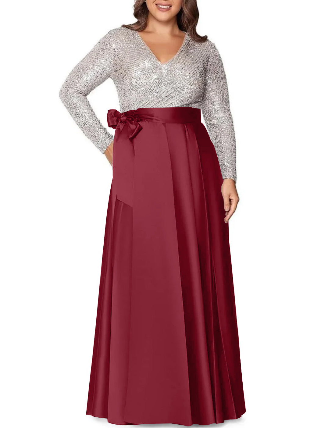 A Line Princess V Neck Long Sleeves Floor Length Plus Size Mother Of The Bride Dresses With Pocket Sequins
