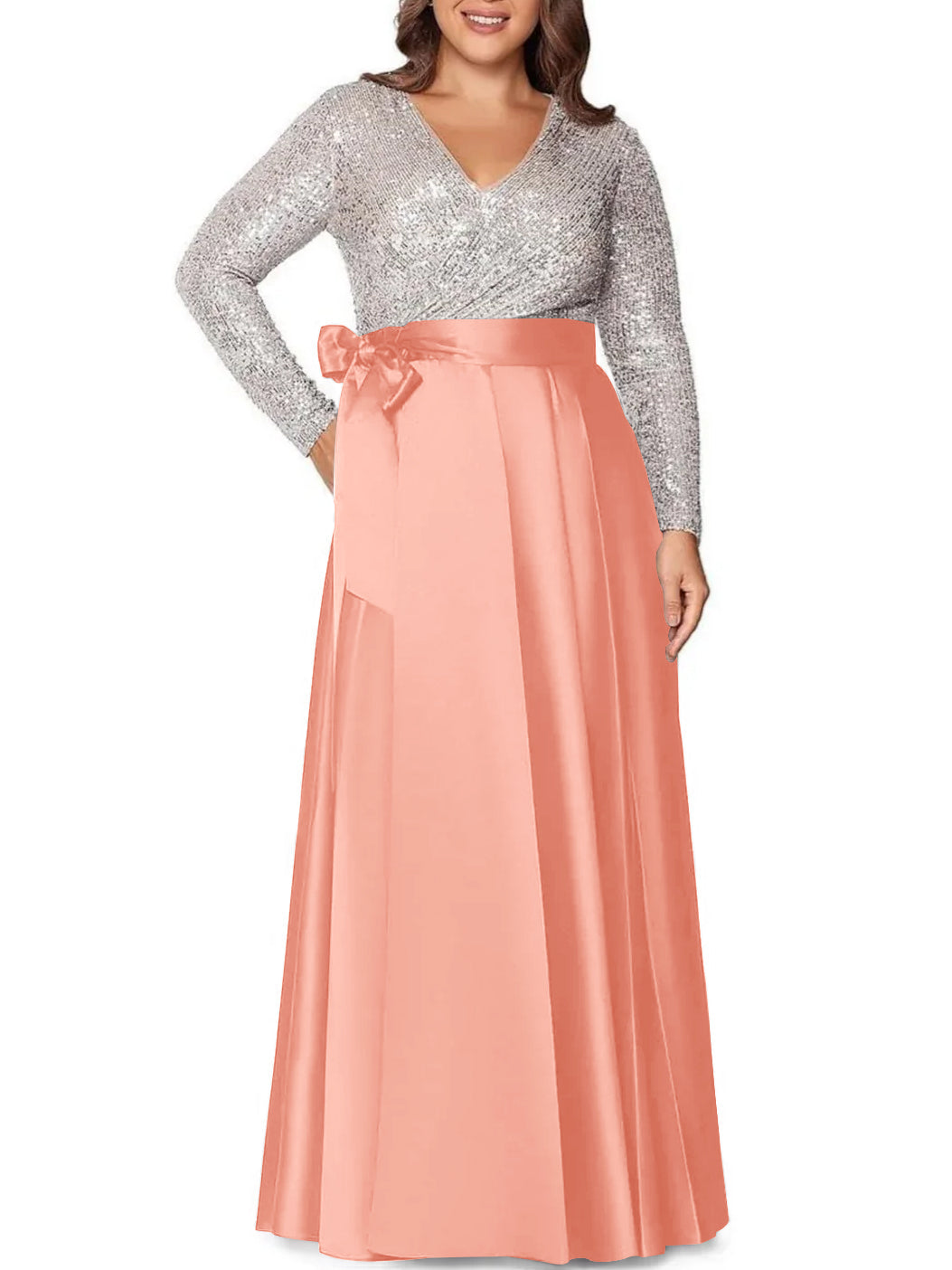 A Line Princess V Neck Long Sleeves Floor Length Plus Size Mother Of The Bride Dresses With Pocket Sequins