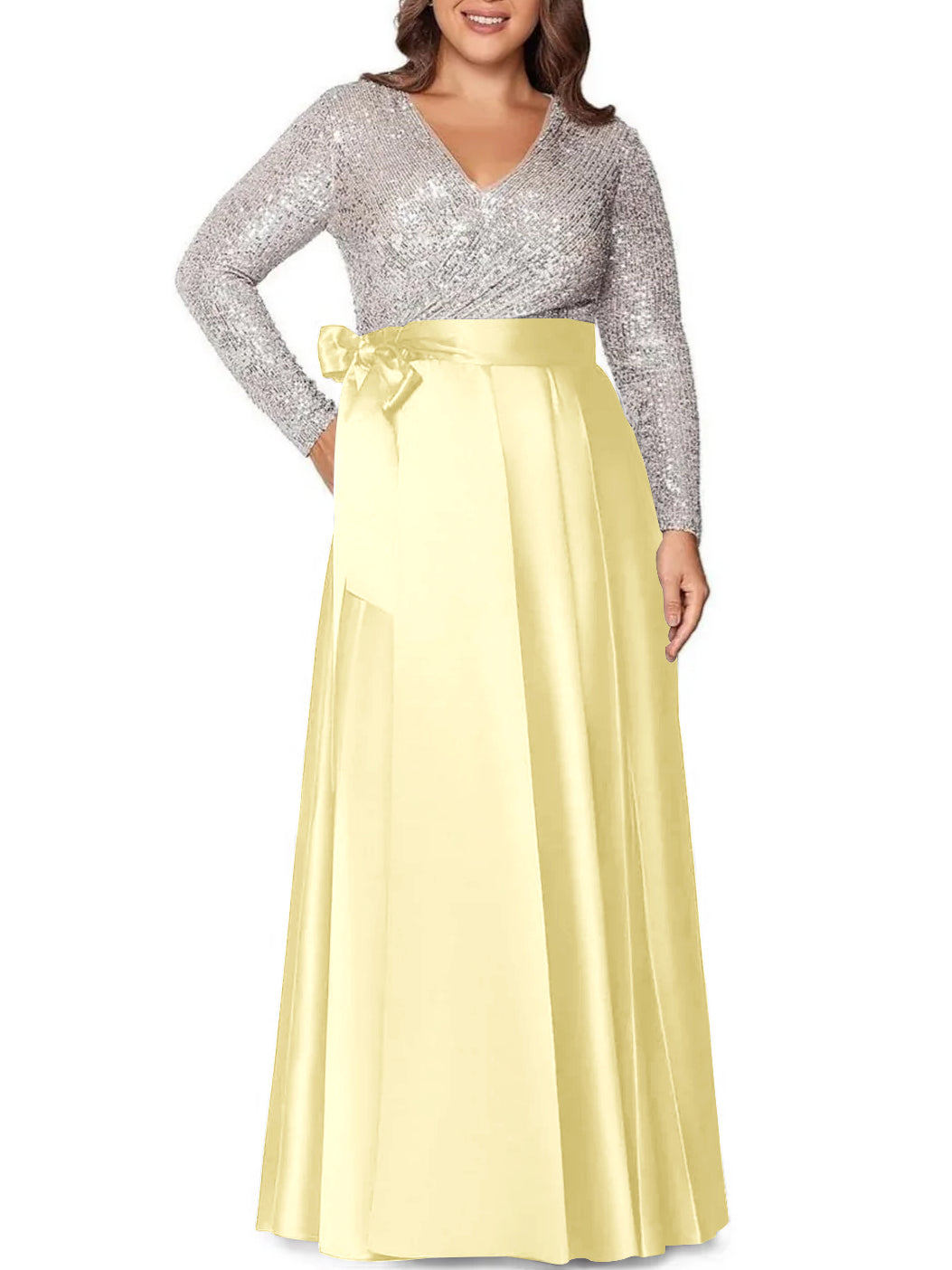 A Line Princess V Neck Long Sleeves Floor Length Plus Size Mother Of The Bride Dresses With Pocket Sequins