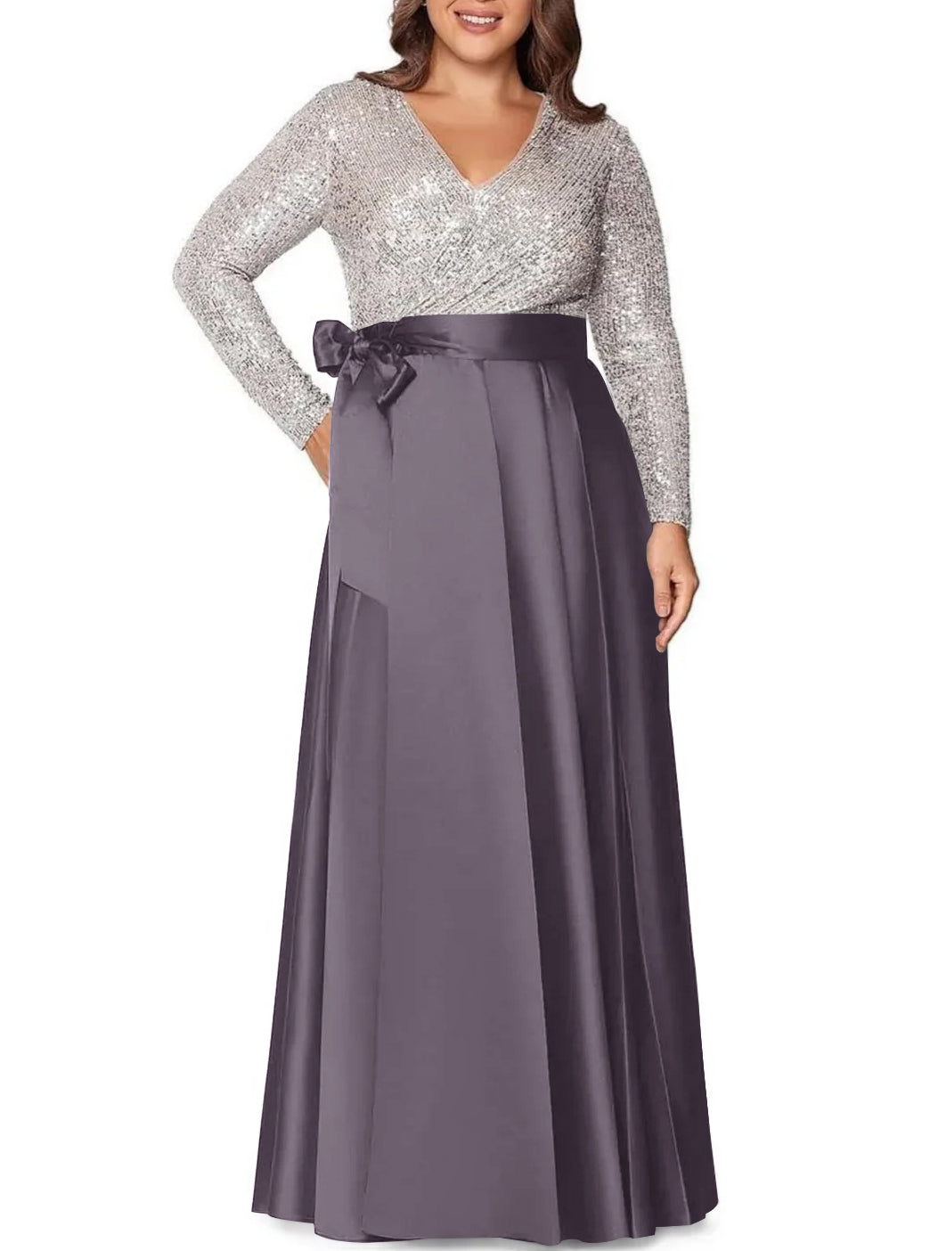 A Line Princess V Neck Long Sleeves Floor Length Plus Size Mother Of The Bride Dresses With Pocket Sequins