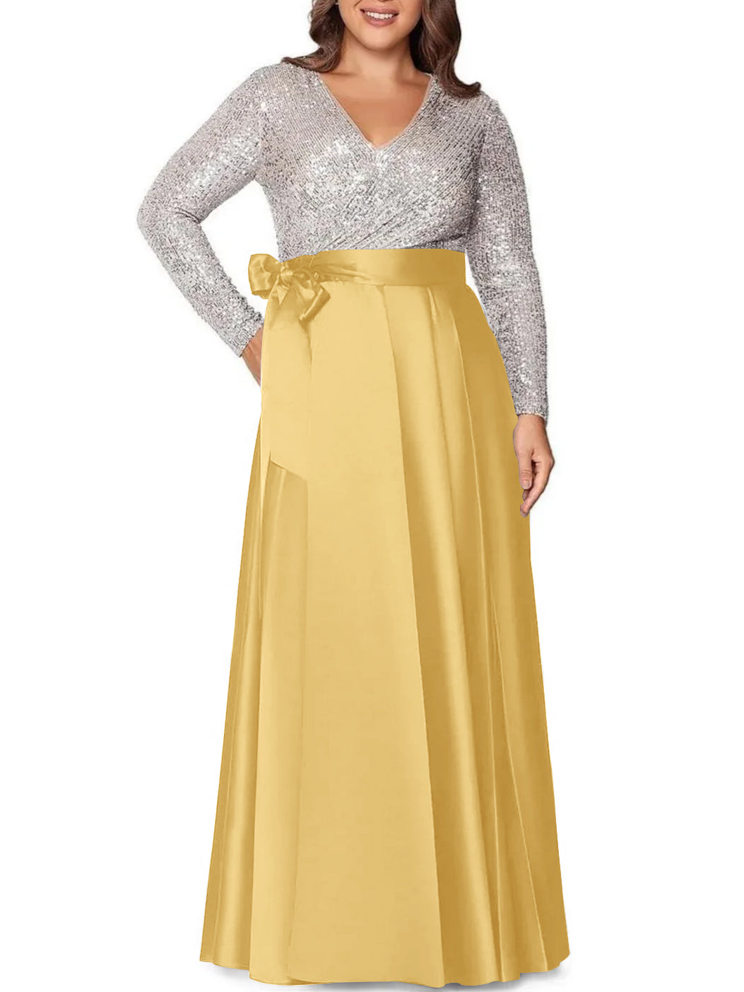 A Line Princess V Neck Long Sleeves Floor Length Plus Size Mother Of The Bride Dresses With Pocket Sequins