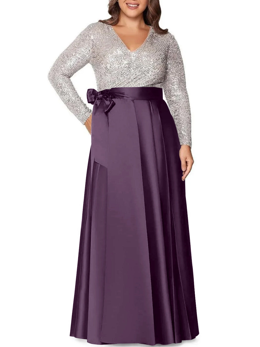 A Line Princess V Neck Long Sleeves Floor Length Plus Size Mother Of The Bride Dresses With Pocket Sequins
