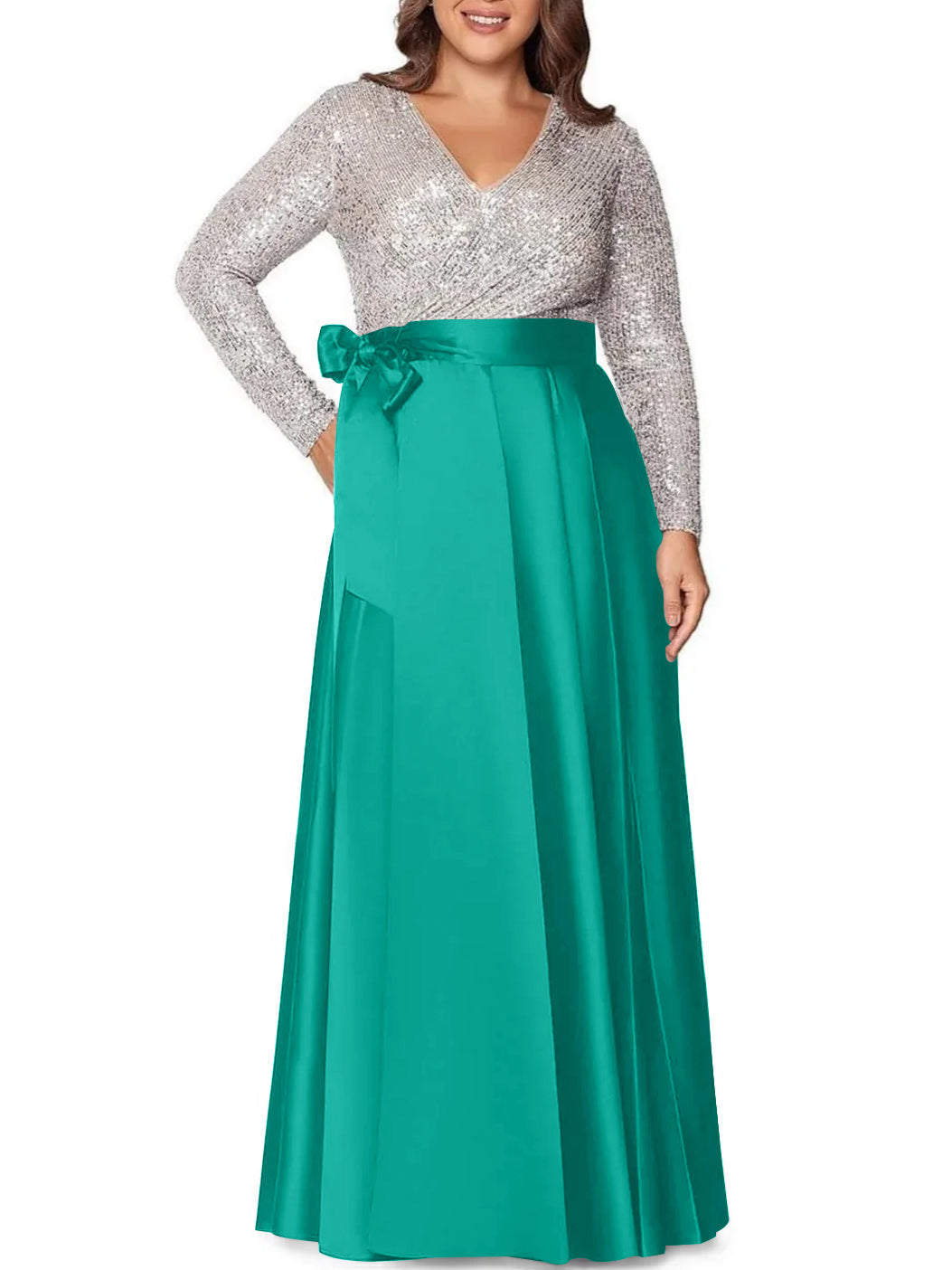A Line Princess V Neck Long Sleeves Floor Length Plus Size Mother Of The Bride Dresses With Pocket Sequins