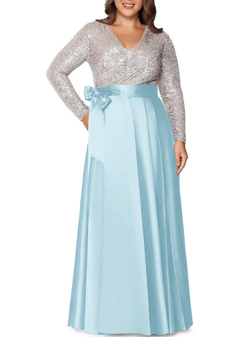 A Line Princess V Neck Long Sleeves Floor Length Plus Size Mother Of The Bride Dresses With Pocket Sequins
