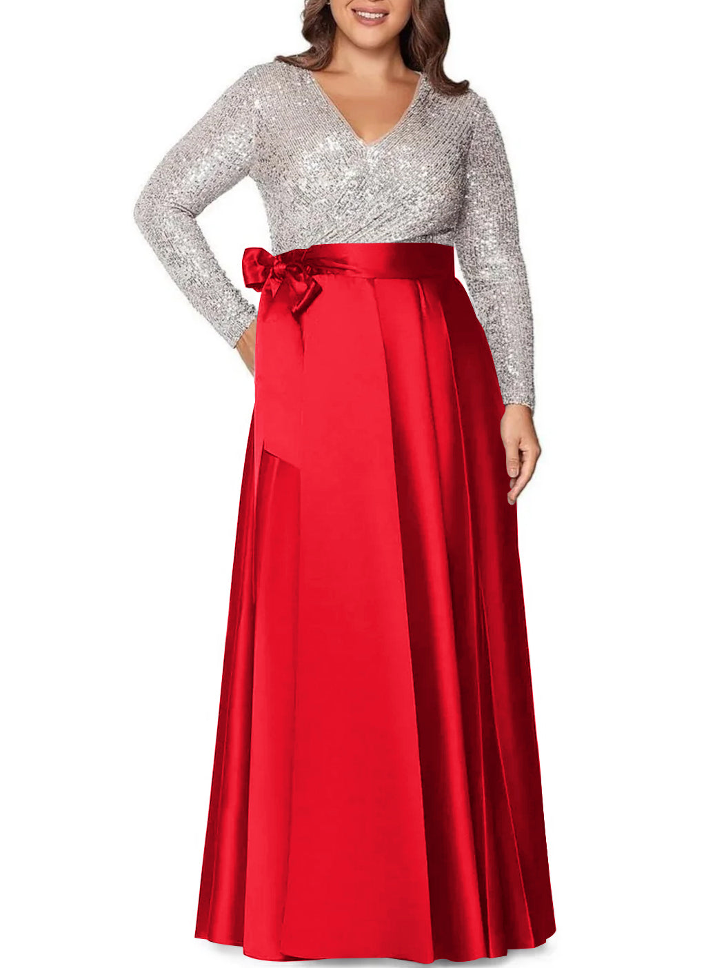 A Line Princess V Neck Long Sleeves Floor Length Plus Size Mother Of The Bride Dresses With Pocket Sequins
