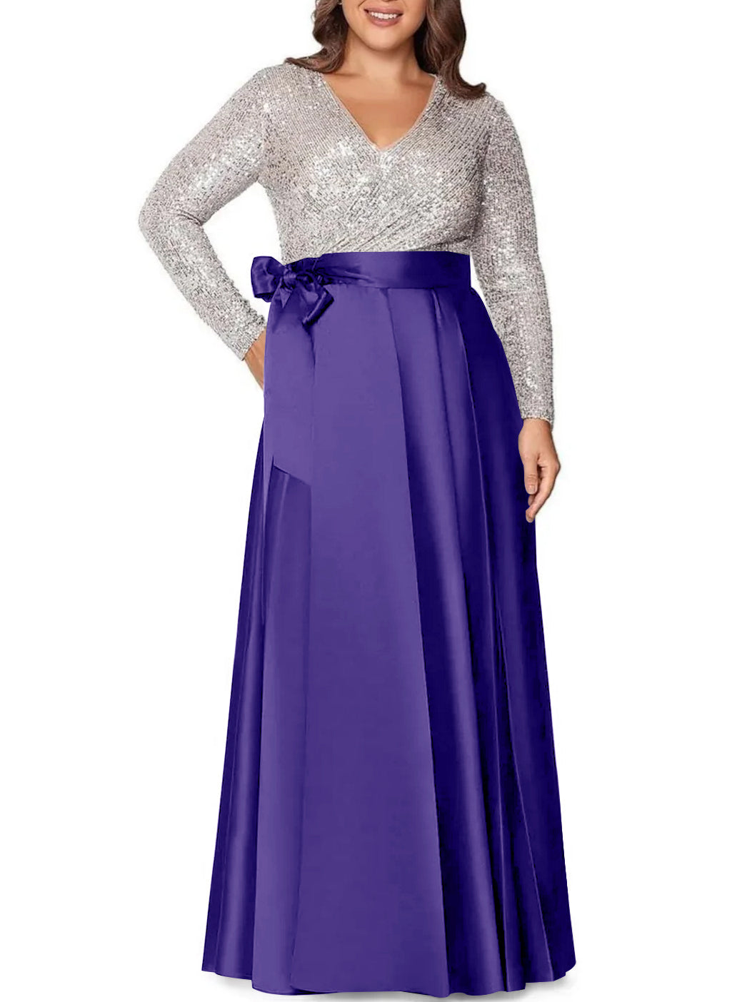 A Line Princess V Neck Long Sleeves Floor Length Plus Size Mother Of The Bride Dresses With Pocket Sequins