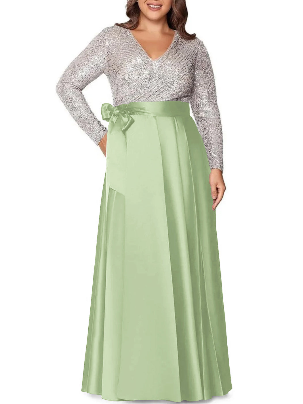 A Line Princess V Neck Long Sleeves Floor Length Plus Size Mother Of The Bride Dresses With Pocket Sequins