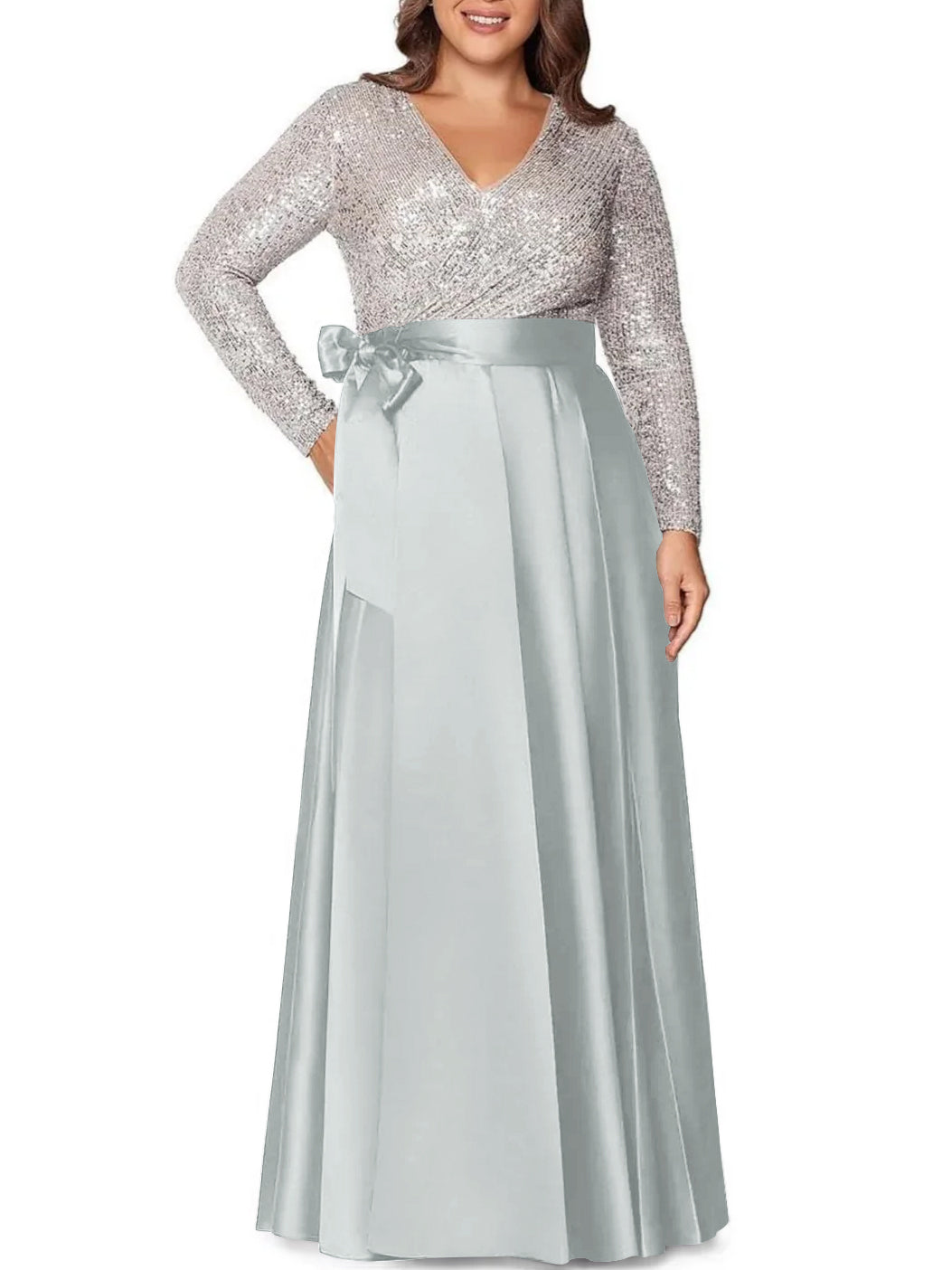 A Line Princess V Neck Long Sleeves Floor Length Plus Size Mother Of The Bride Dresses With Pocket Sequins