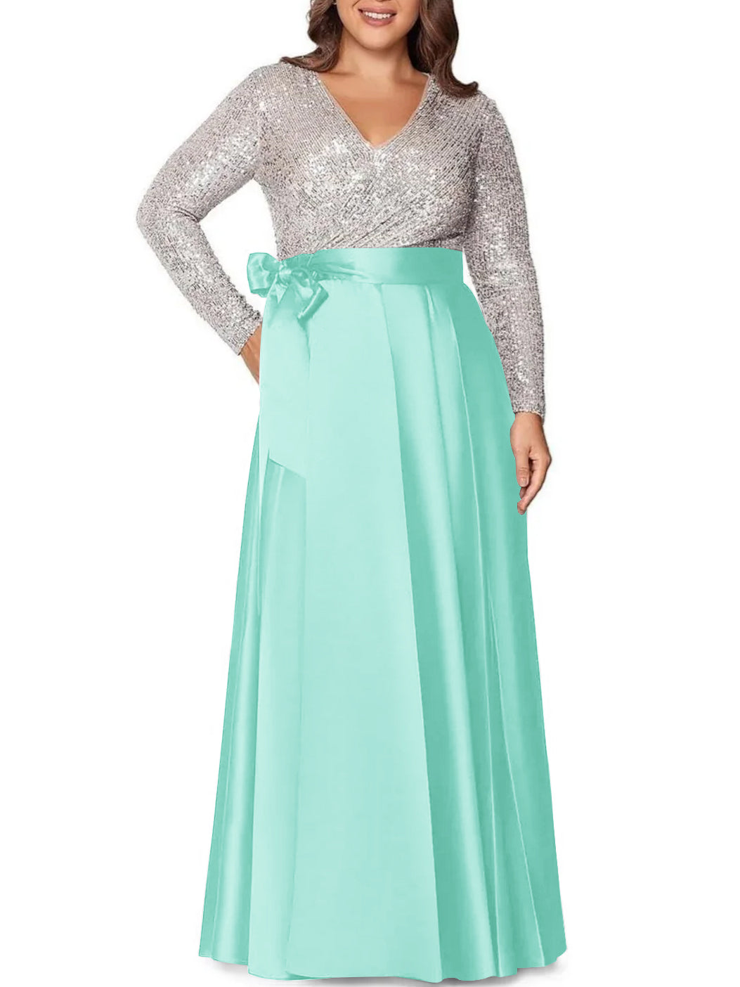 A Line Princess V Neck Long Sleeves Floor Length Plus Size Mother Of The Bride Dresses With Pocket Sequins