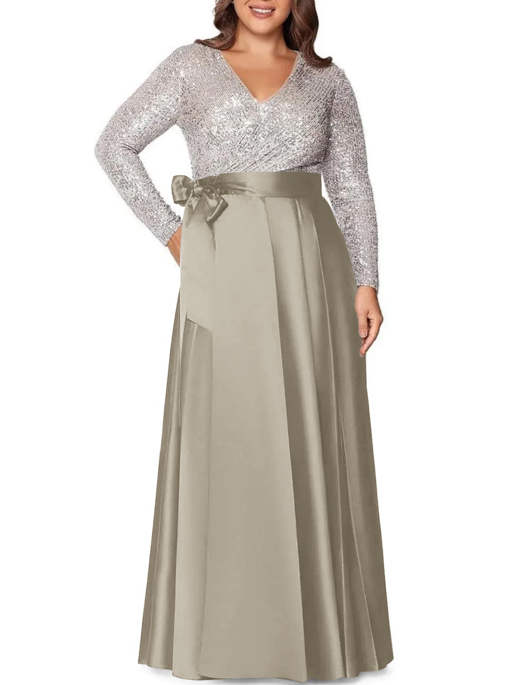 A Line Princess V Neck Long Sleeves Floor Length Plus Size Mother Of The Bride Dresses With Pocket Sequins