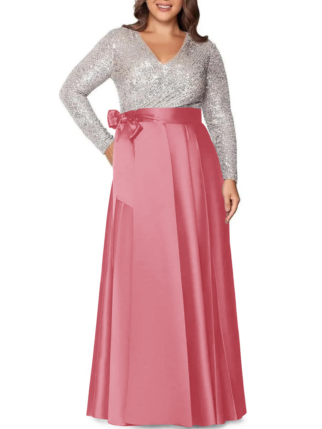 A Line Princess V Neck Long Sleeves Floor Length Plus Size Mother Of The Bride Dresses With Pocket Sequins