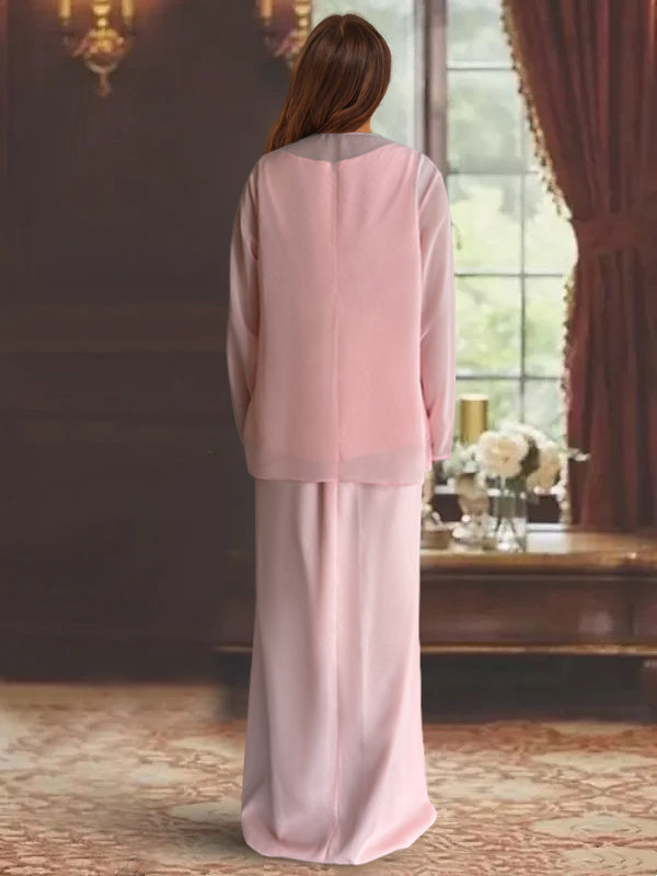 3 Piece Dress Set Sheath Column Scoop Neck Long Sleeves Floor Length Mother Of The Bride Dresses With Jacket