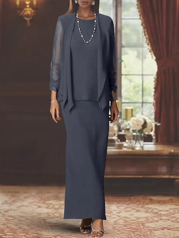 3 Piece Dress Set Sheath Column Scoop Neck Long Sleeves Floor Length Mother Of The Bride Dresses With Jacket