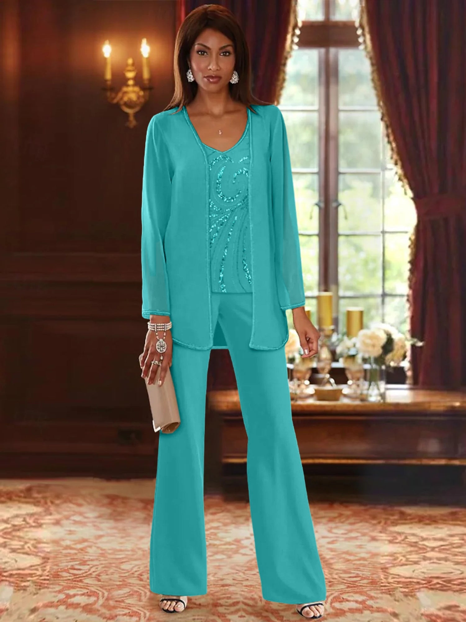 Chiffon V Neck Floor Length 3 Pieces Mother Of The Bride Pantsuits With Jacket Sequins Beading