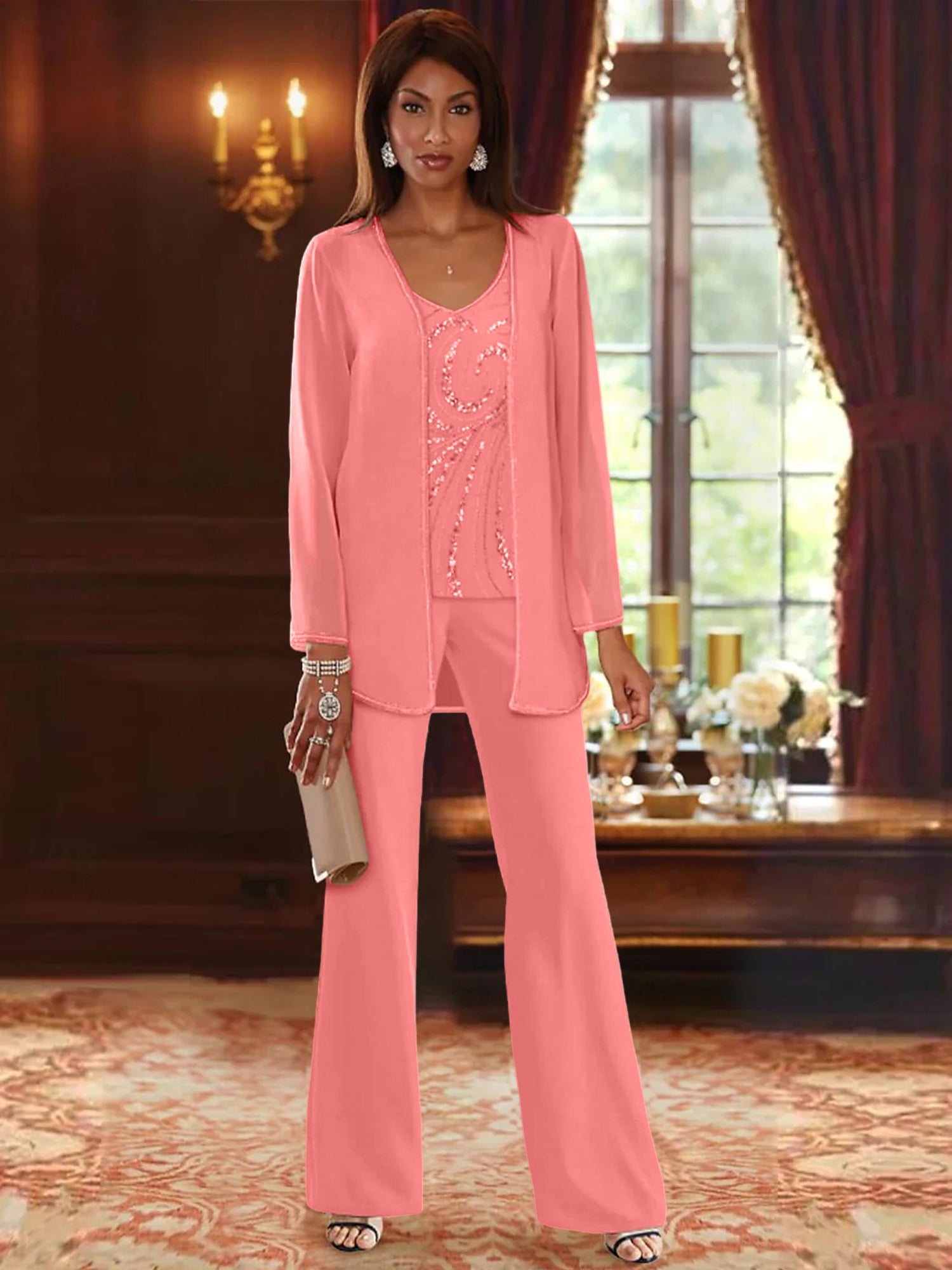 Chiffon V Neck Floor Length 3 Pieces Mother Of The Bride Pantsuits With Jacket Sequins Beading