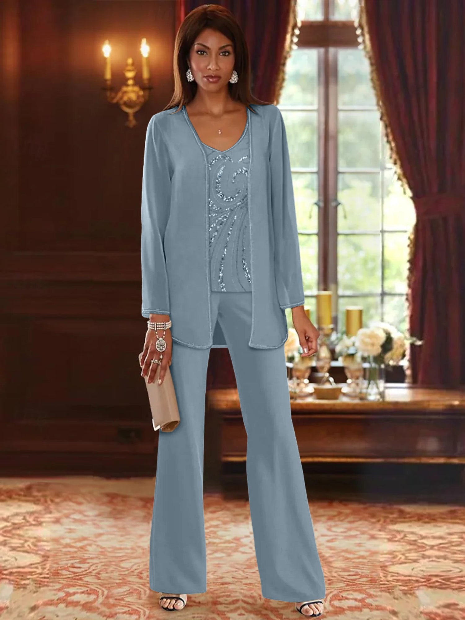 Chiffon V Neck Floor Length 3 Pieces Mother Of The Bride Pantsuits With Jacket Sequins Beading
