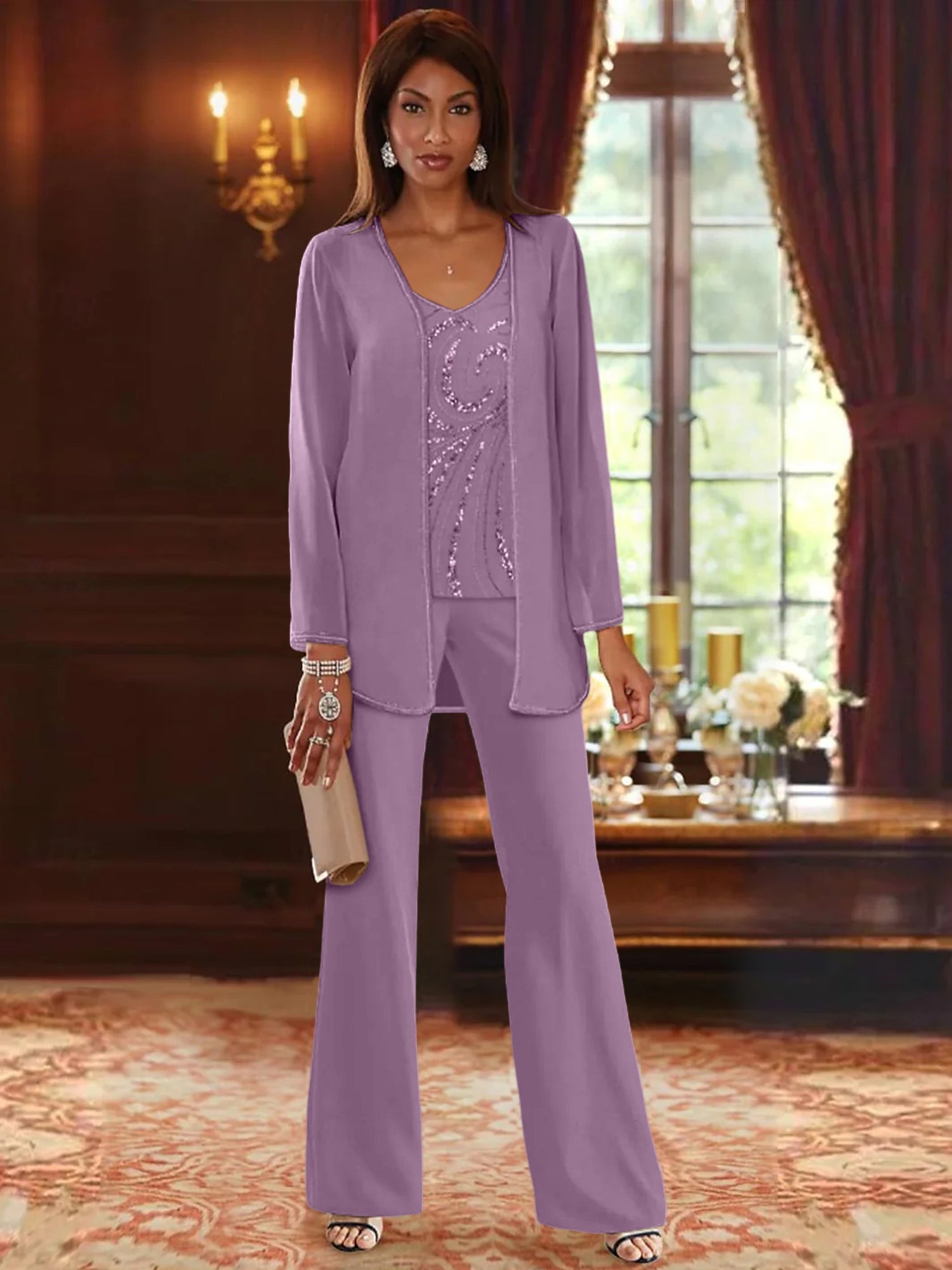 Chiffon V Neck Floor Length 3 Pieces Mother Of The Bride Pantsuits With Jacket Sequins Beading