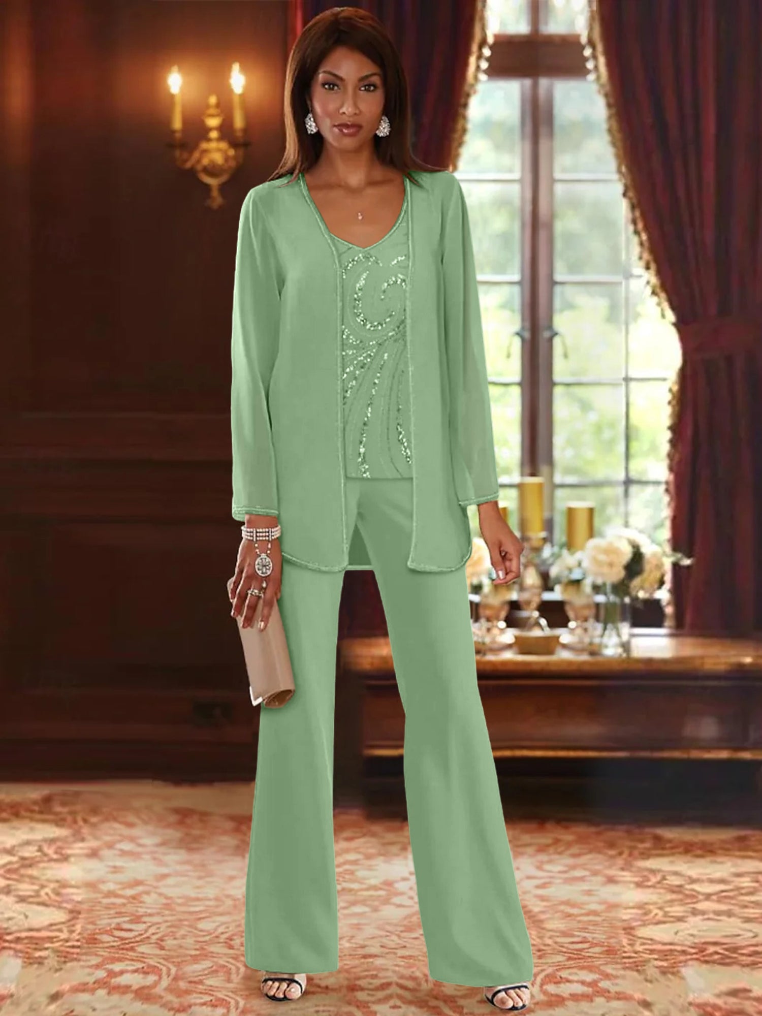 Chiffon V Neck Floor Length 3 Pieces Mother Of The Bride Pantsuits With Jacket Sequins Beading