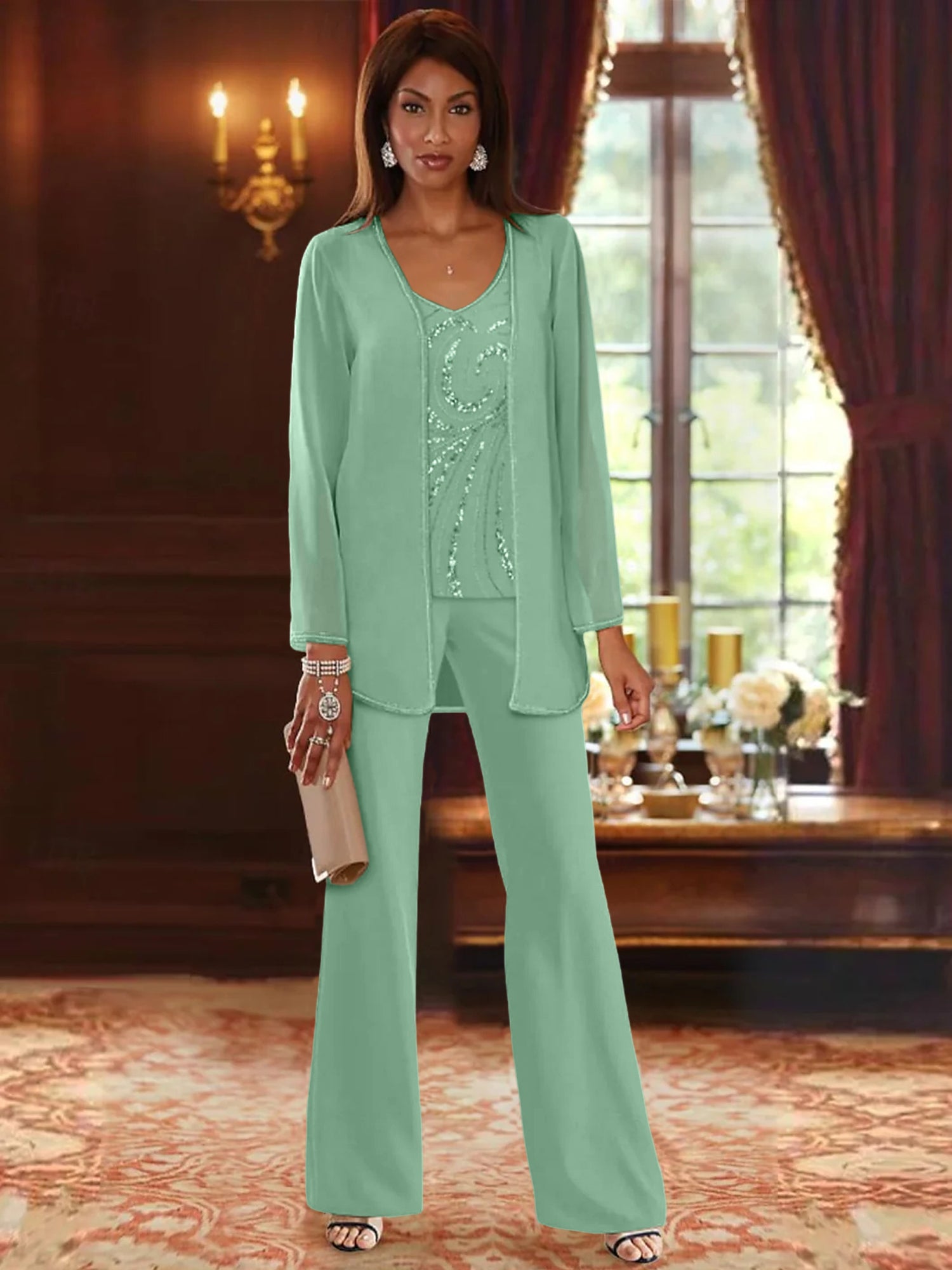 Chiffon V Neck Floor Length 3 Pieces Mother Of The Bride Pantsuits With Jacket Sequins Beading