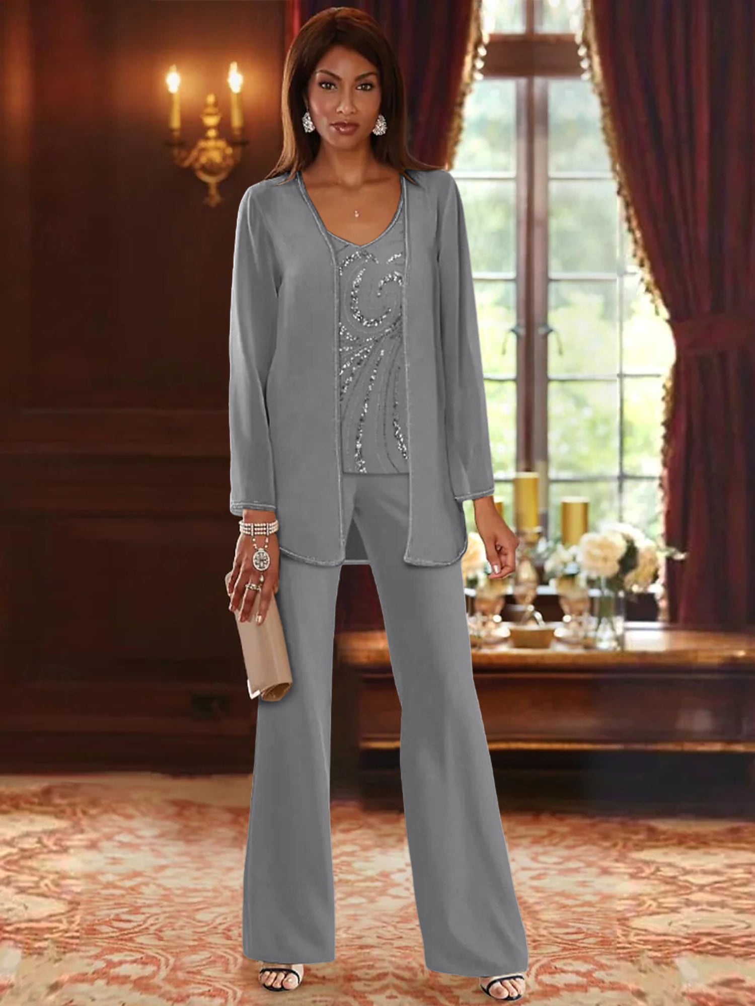 Chiffon V Neck Floor Length 3 Pieces Mother Of The Bride Pantsuits With Jacket Sequins Beading