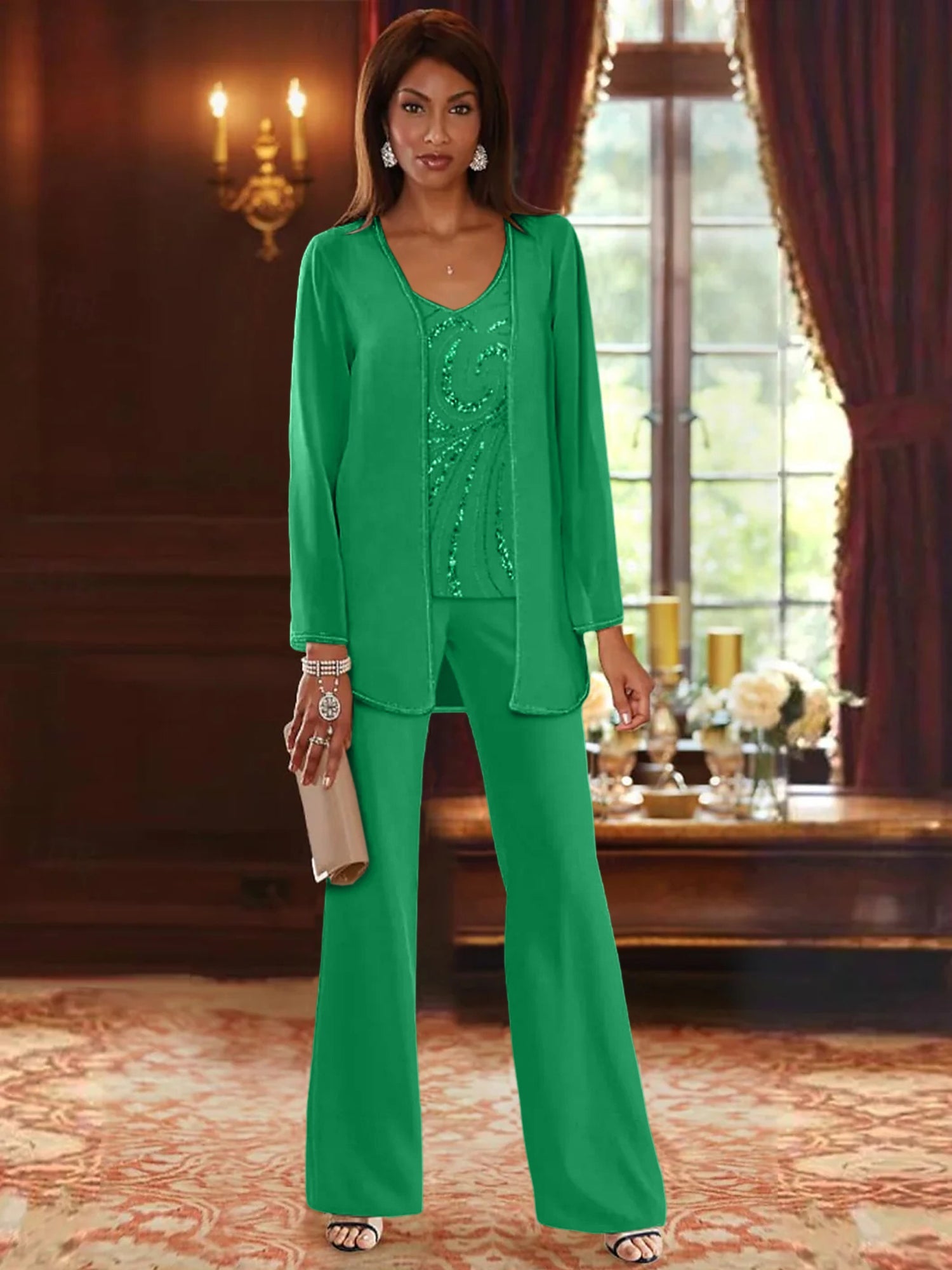 Chiffon V Neck Floor Length 3 Pieces Mother Of The Bride Pantsuits With Jacket Sequins Beading