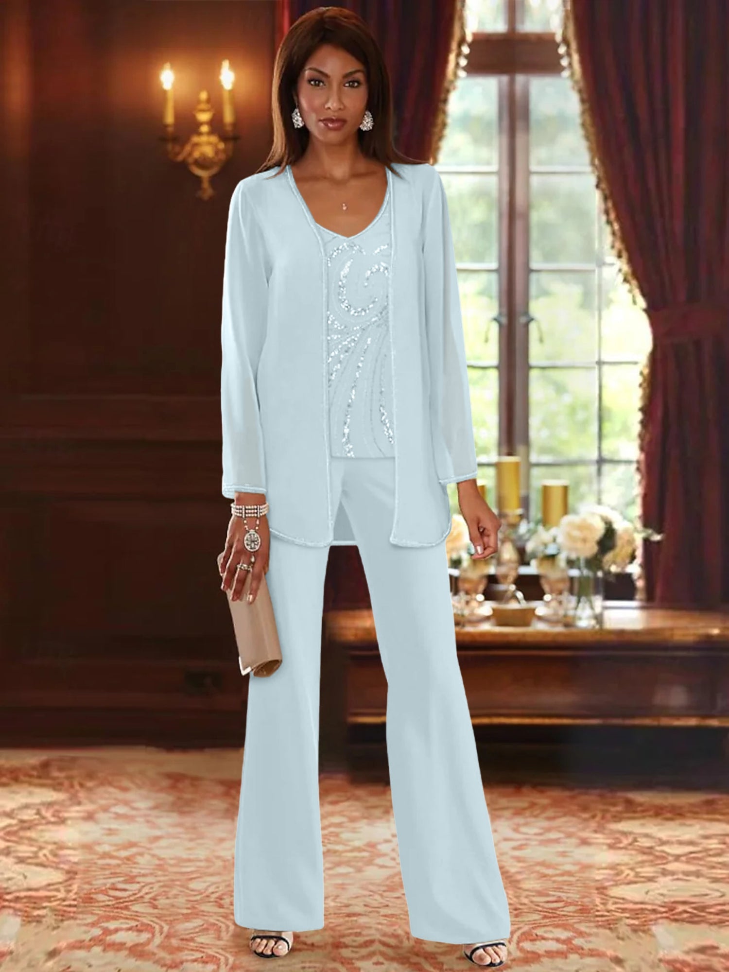 Chiffon V Neck Floor Length 3 Pieces Mother Of The Bride Pantsuits With Jacket Sequins Beading