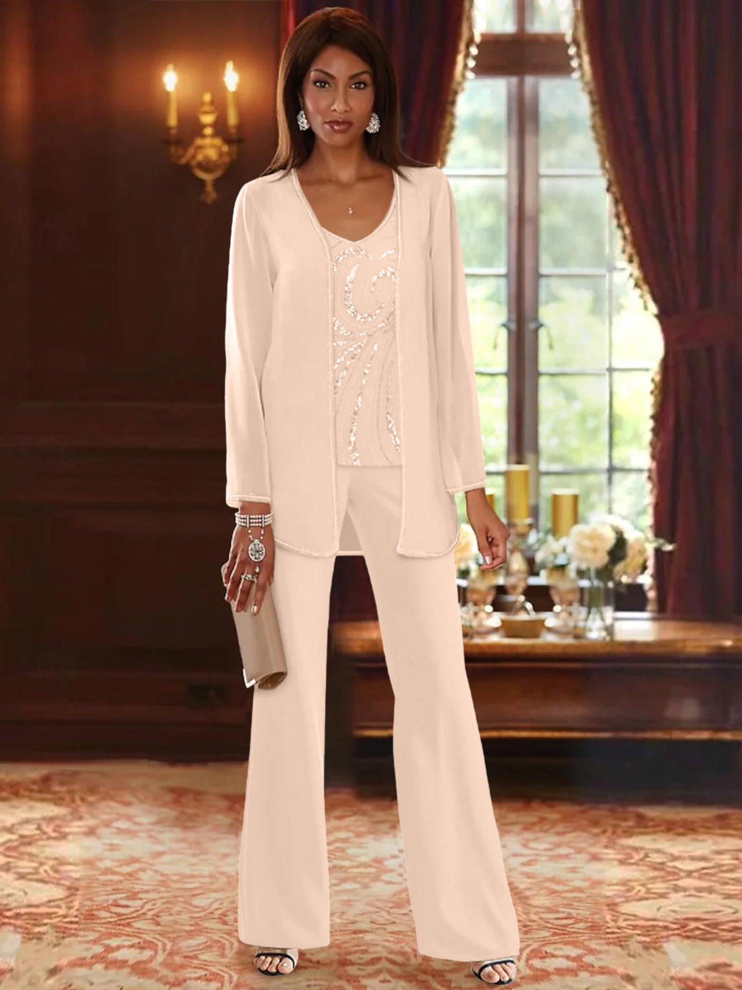 Chiffon V Neck Floor Length 3 Pieces Mother Of The Bride Pantsuits With Jacket Sequins Beading