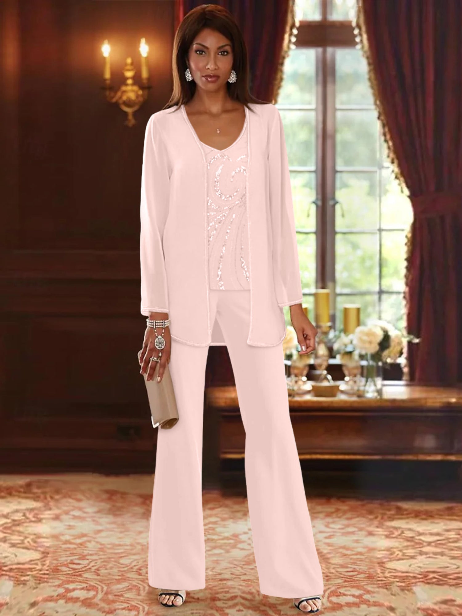 Chiffon V Neck Floor Length 3 Pieces Mother Of The Bride Pantsuits With Jacket Sequins Beading