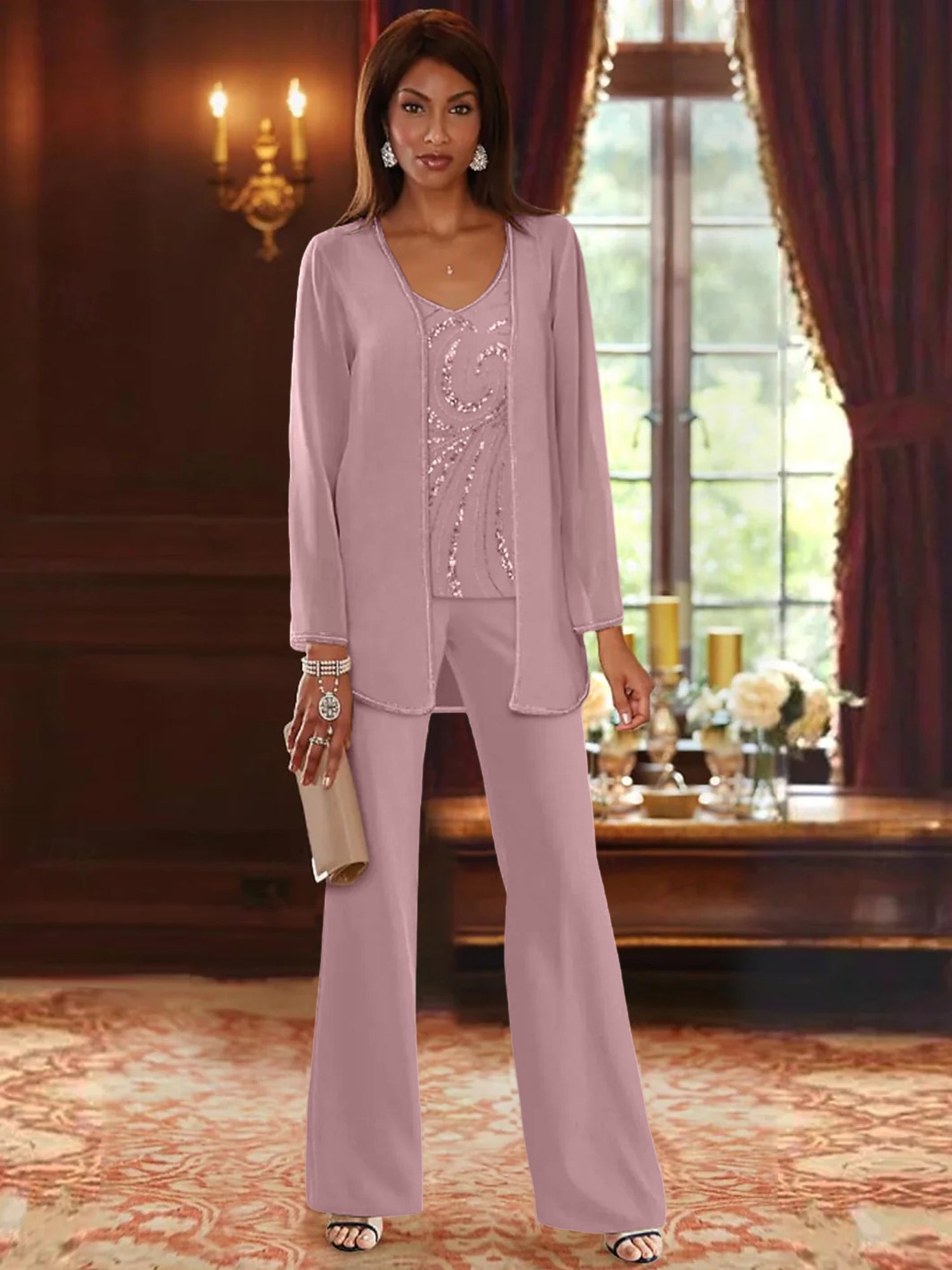 Chiffon V Neck Floor Length 3 Pieces Mother Of The Bride Pantsuits With Jacket Sequins Beading