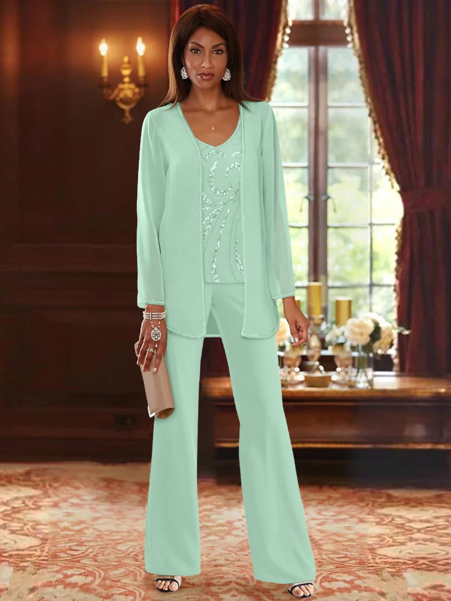 Chiffon V Neck Floor Length 3 Pieces Mother Of The Bride Pantsuits With Jacket Sequins Beading