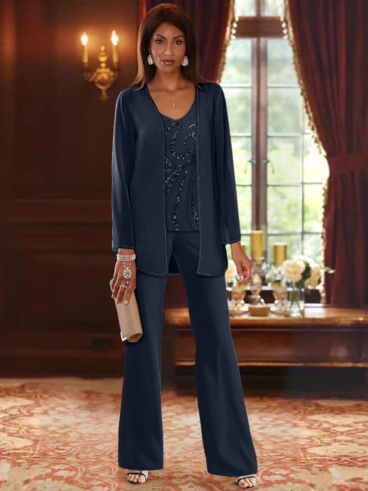 Chiffon V Neck Floor Length 3 Pieces Mother Of The Bride Pantsuits With Jacket Sequins Beading