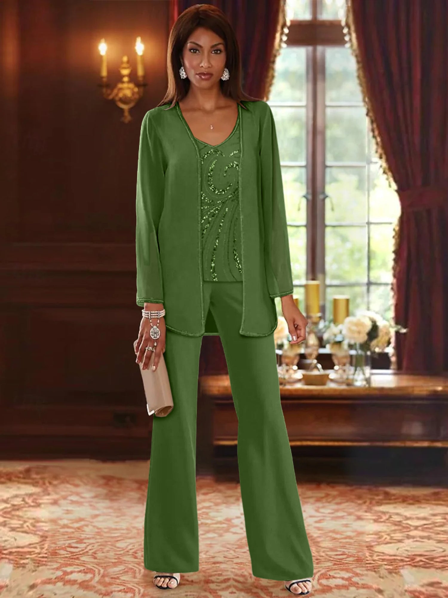 Chiffon V Neck Floor Length 3 Pieces Mother Of The Bride Pantsuits With Jacket Sequins Beading