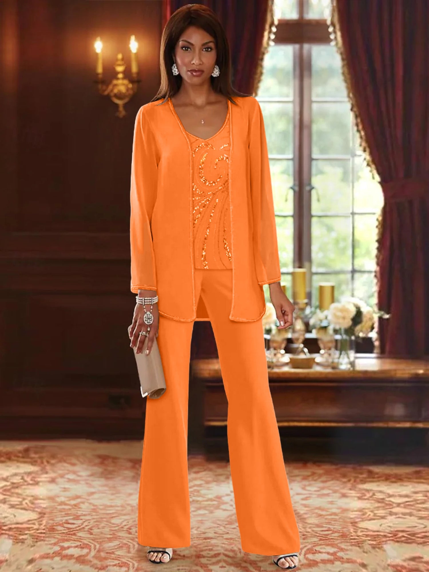 Chiffon V Neck Floor Length 3 Pieces Mother Of The Bride Pantsuits With Jacket Sequins Beading