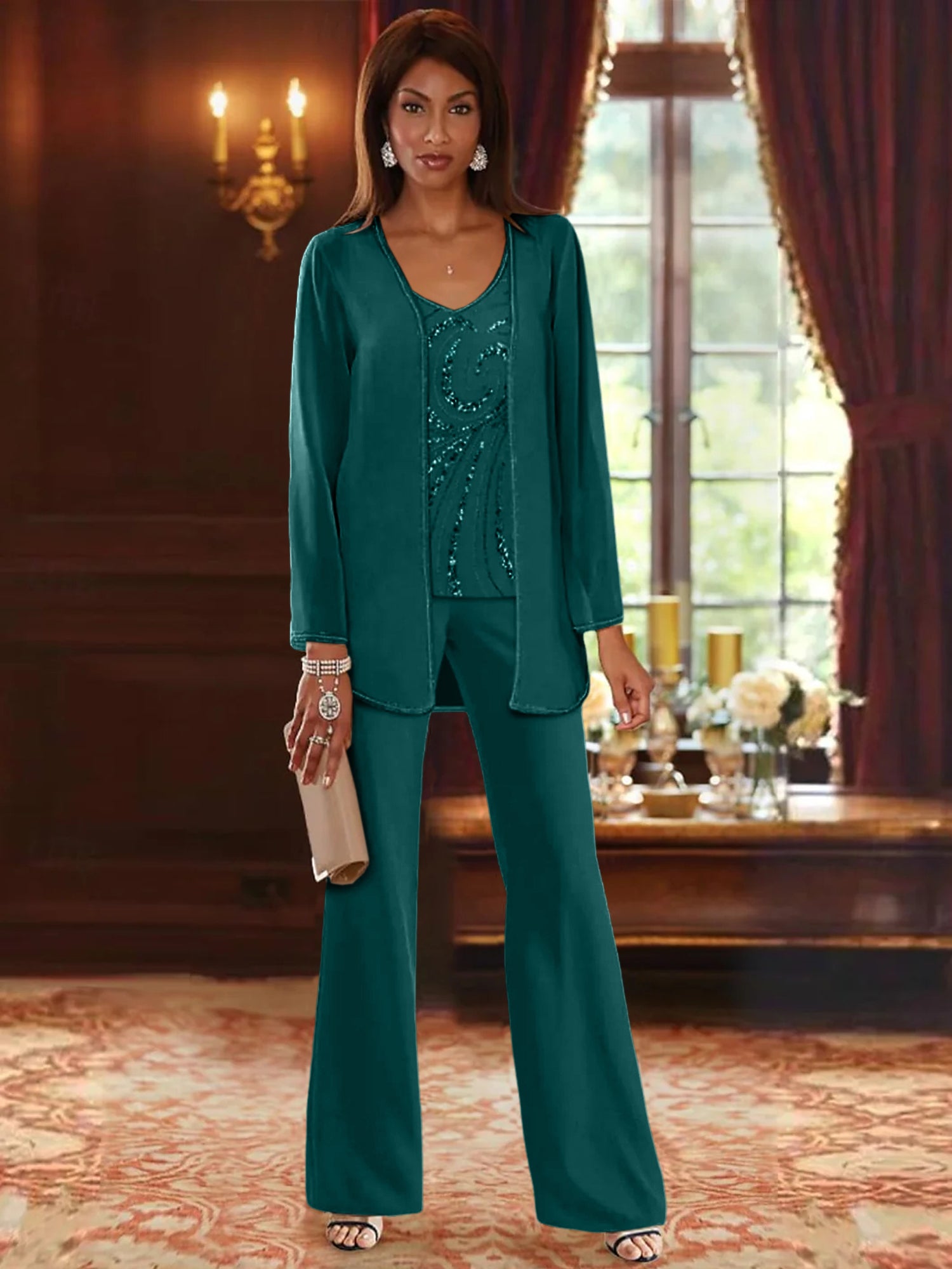 Chiffon V Neck Floor Length 3 Pieces Mother Of The Bride Pantsuits With Jacket Sequins Beading