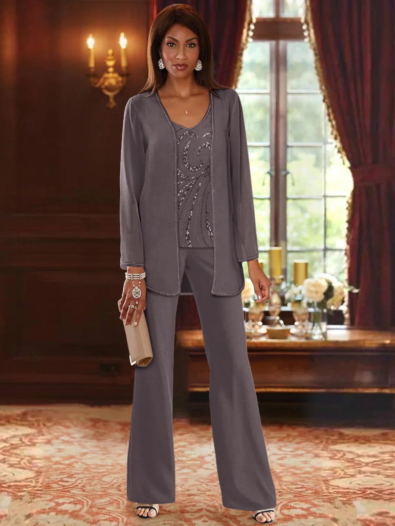 Chiffon V Neck Floor Length 3 Pieces Mother Of The Bride Pantsuits With Jacket Sequins Beading