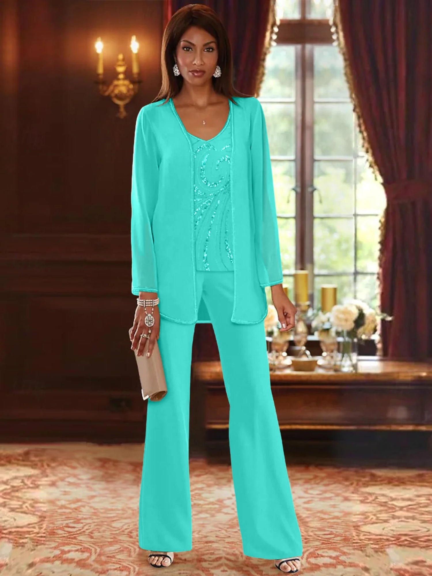 Chiffon V Neck Floor Length 3 Pieces Mother Of The Bride Pantsuits With Jacket Sequins Beading