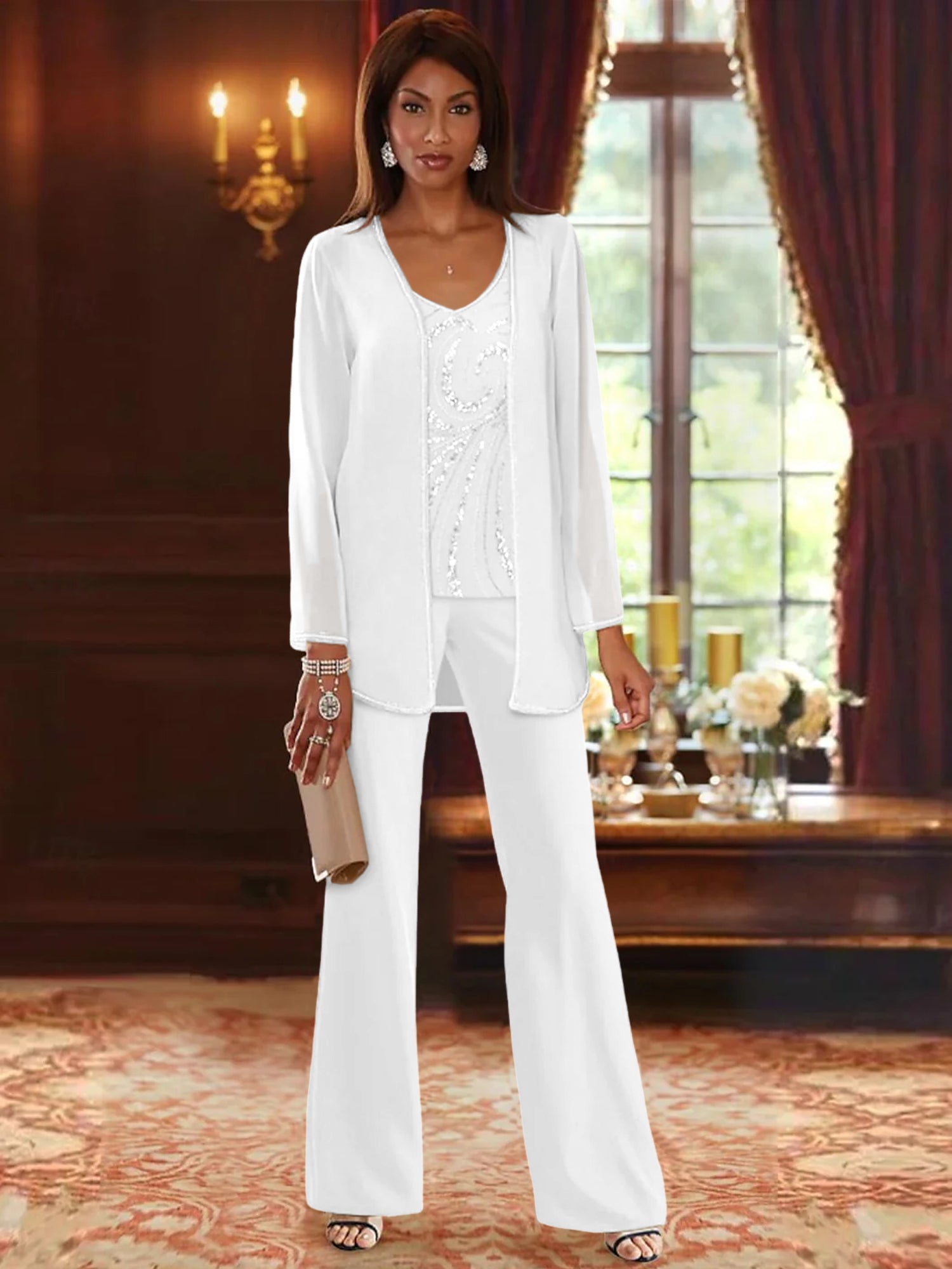 Chiffon V Neck Floor Length 3 Pieces Mother Of The Bride Pantsuits With Jacket Sequins Beading