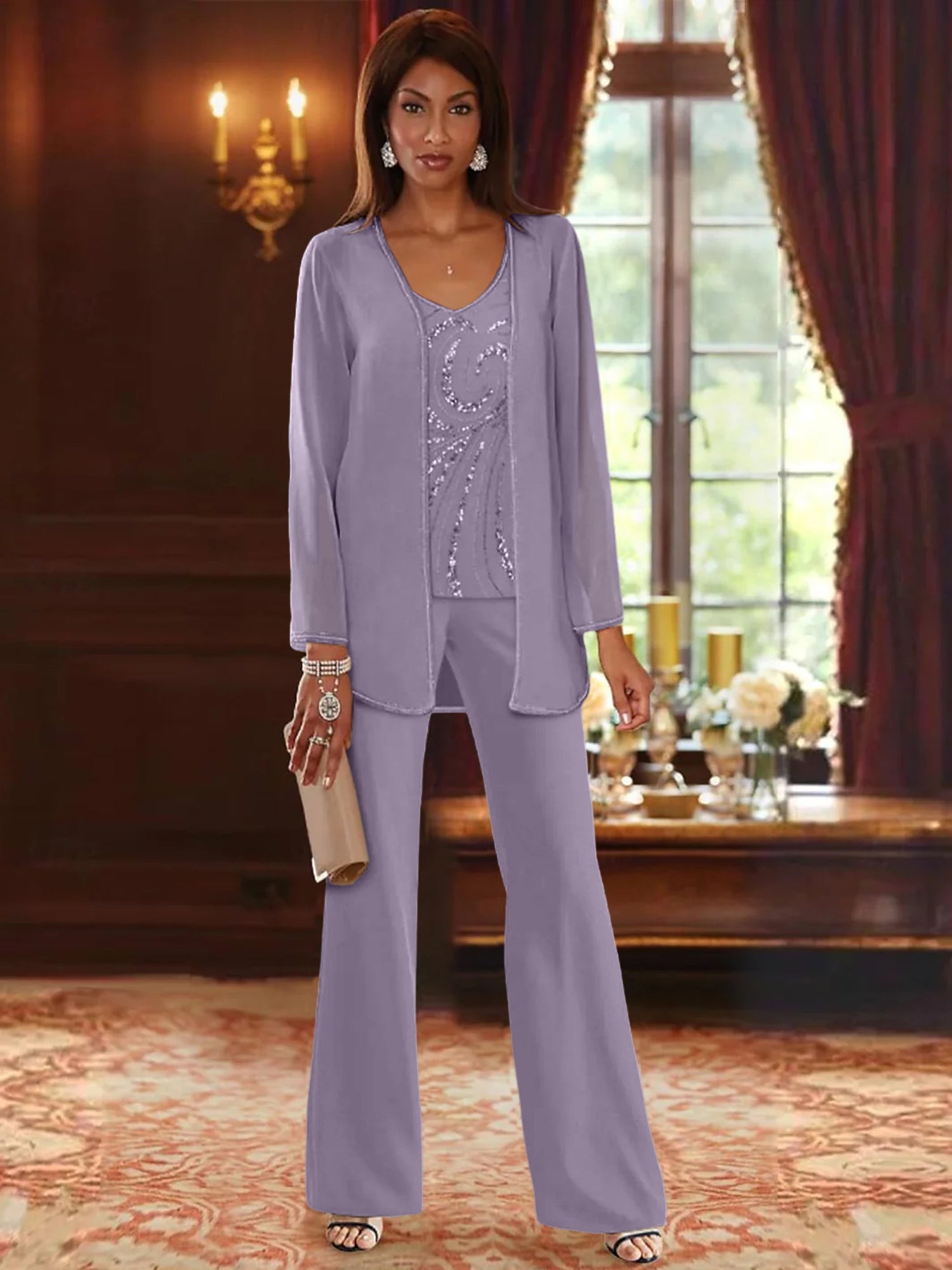 Chiffon V Neck Floor Length 3 Pieces Mother Of The Bride Pantsuits With Jacket Sequins Beading