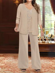 Chiffon V Neck Floor Length 3 Pieces Mother Of The Bride Pantsuits With Jacket Sequins Beading